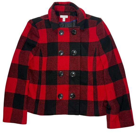 Charter Club Red Black Wool Plaid Peacoat Jacket Women’s Large Shoulder Pads - Picture 2 of 9